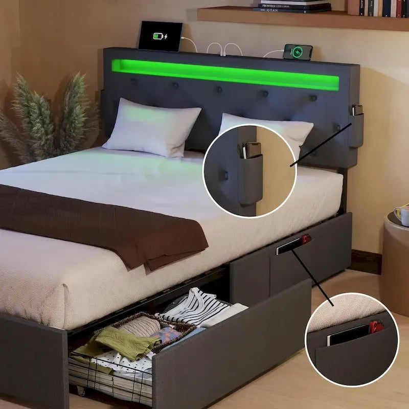 Lit plateforme Queen gris foncé avec 4 tiroirs de rangement, ports USB et éclairage LED
