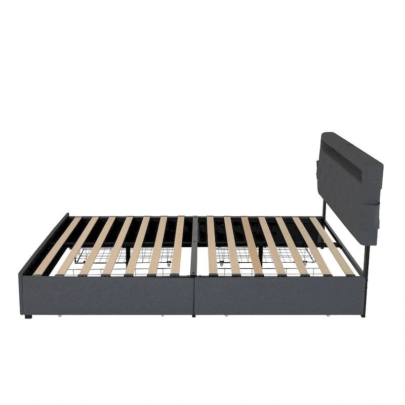 Lit plateforme Queen gris foncé avec 4 tiroirs de rangement, ports USB et éclairage LED