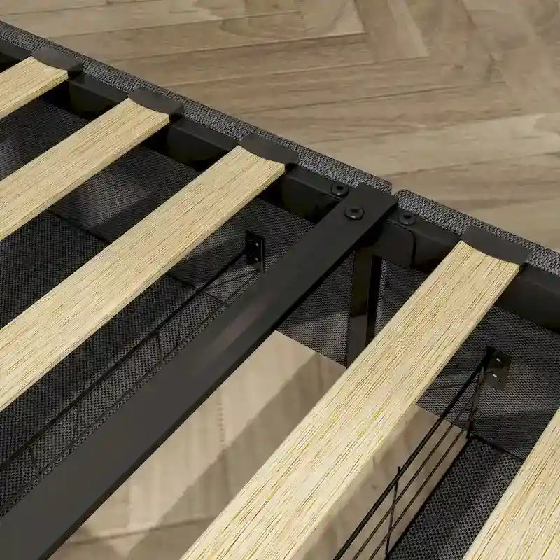 Lit plateforme Queen gris foncé avec 4 tiroirs de rangement, ports USB et éclairage LED