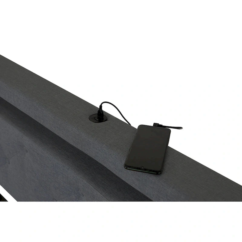 Lit plateforme Queen gris foncé avec 4 tiroirs de rangement, ports USB et éclairage LED