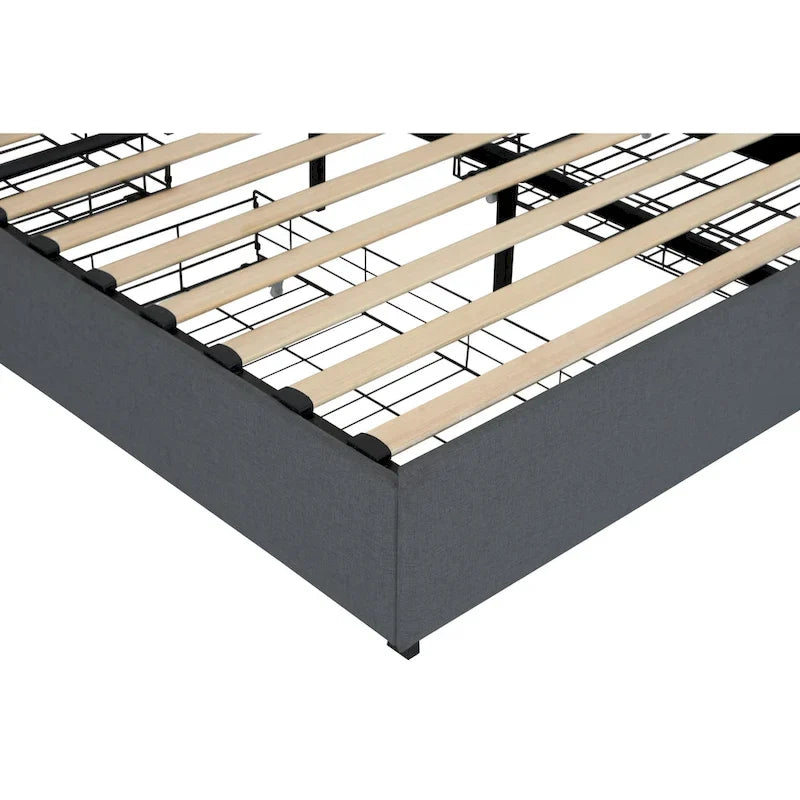Lit plateforme Queen gris foncé avec 4 tiroirs de rangement, ports USB et éclairage LED