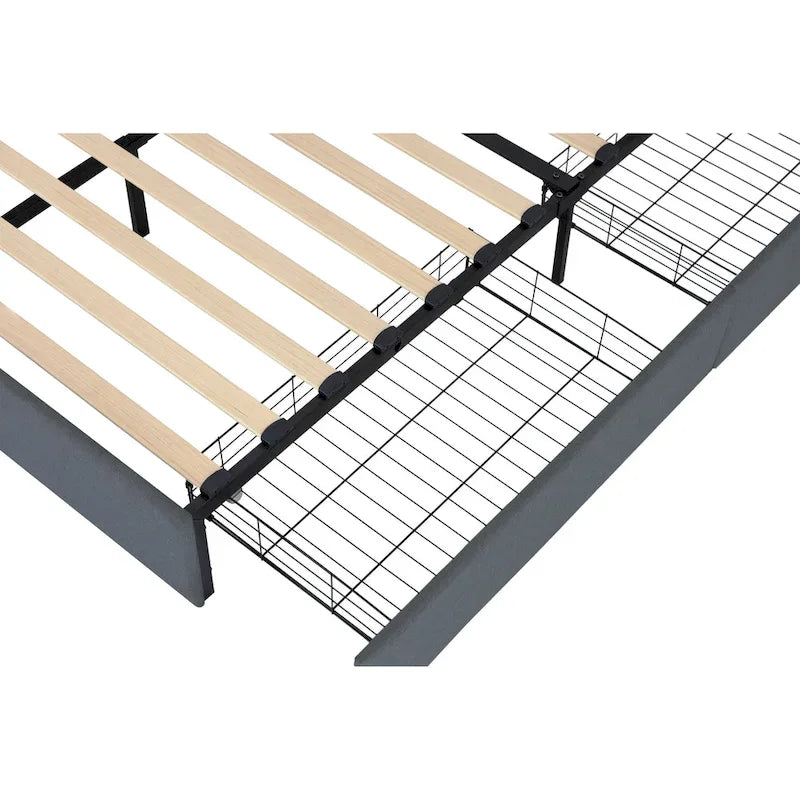 Lit plateforme Queen gris foncé avec 4 tiroirs de rangement, ports USB et éclairage LED