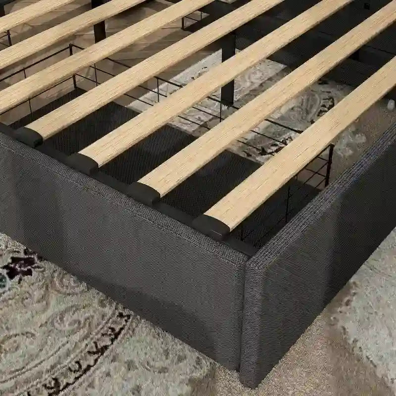 Lit plateforme Queen gris foncé avec 4 tiroirs de rangement, ports USB et éclairage LED