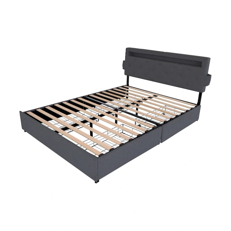 Lit plateforme Queen gris foncé avec 4 tiroirs de rangement, ports USB et éclairage LED