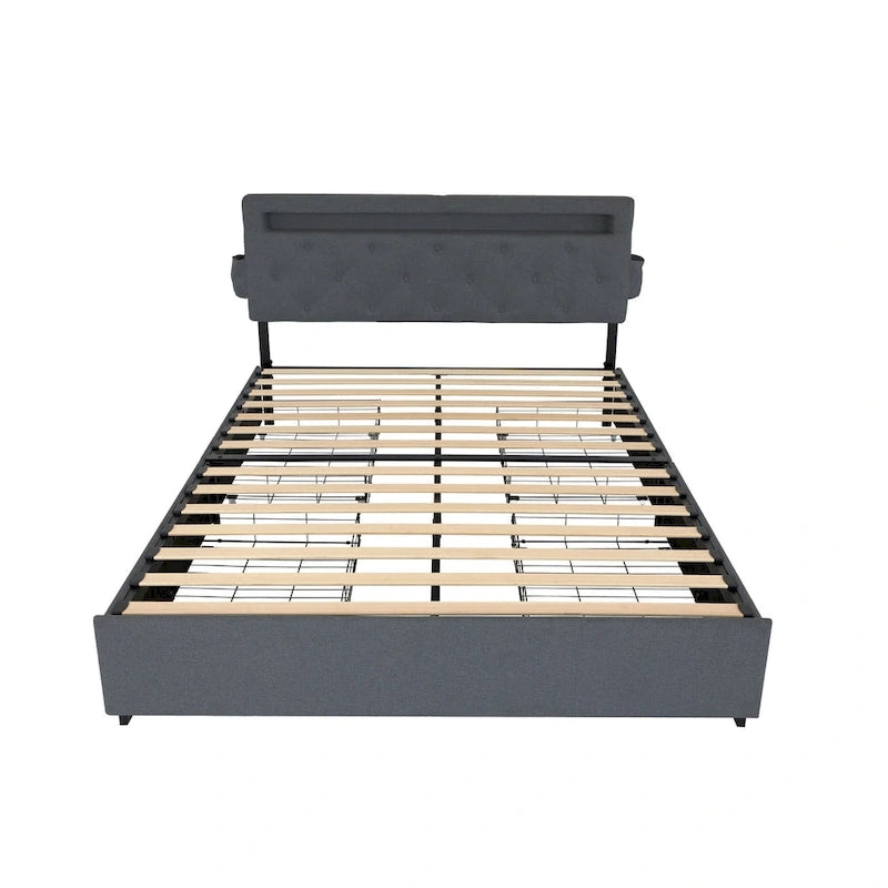 Lit plateforme Queen gris foncé avec 4 tiroirs de rangement, ports USB et éclairage LED