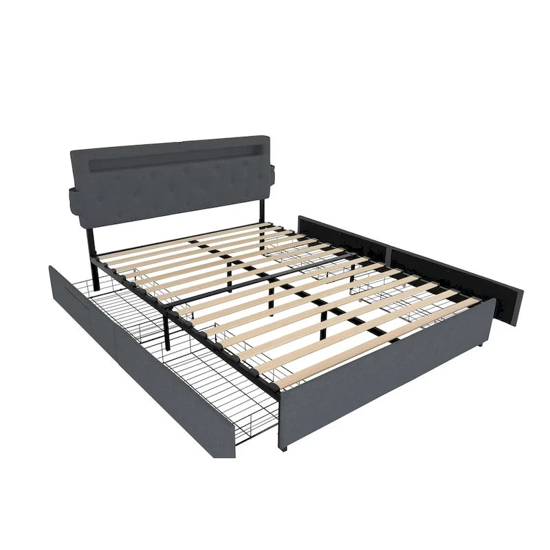 Lit plateforme Queen gris foncé avec 4 tiroirs de rangement, ports USB et éclairage LED