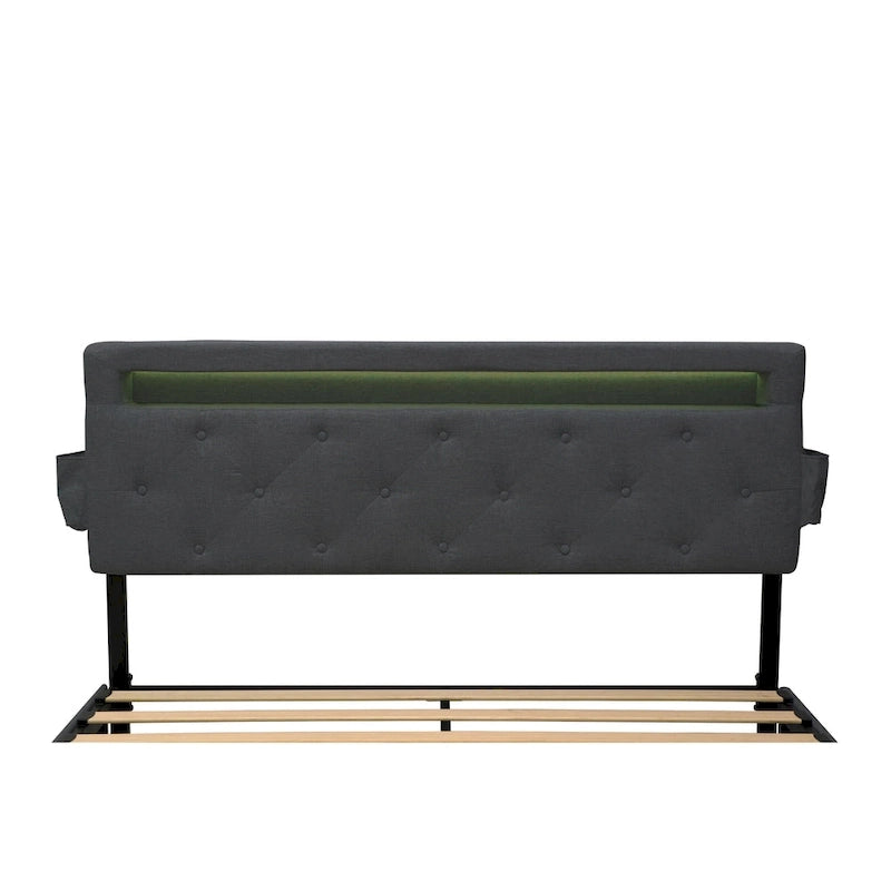 Lit plateforme Queen gris foncé avec 4 tiroirs de rangement, ports USB et éclairage LED