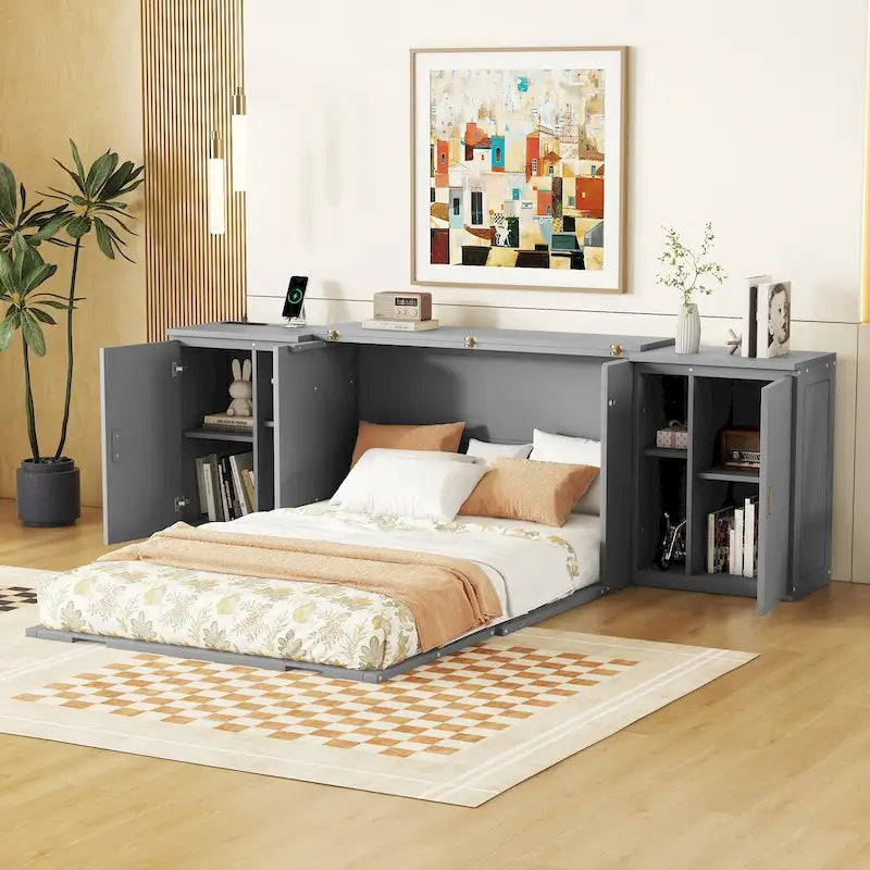 Lit escamotable double gris avec étagères, armoires et ports de recharge USB