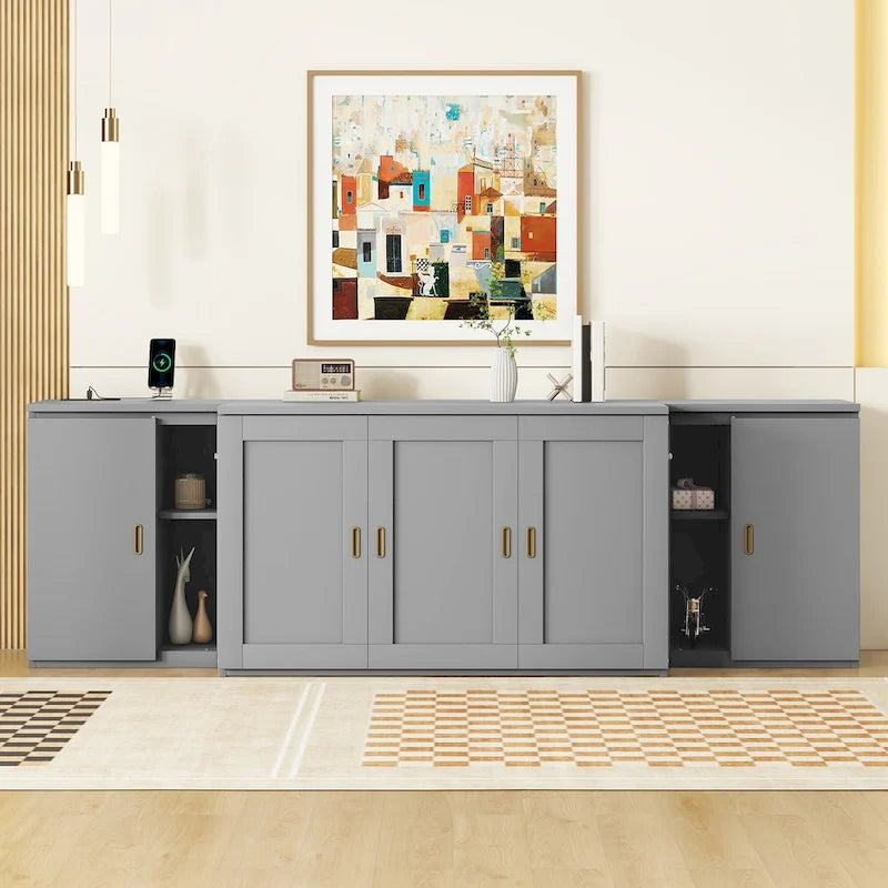 Lit escamotable double gris avec étagères, armoires et ports de recharge USB