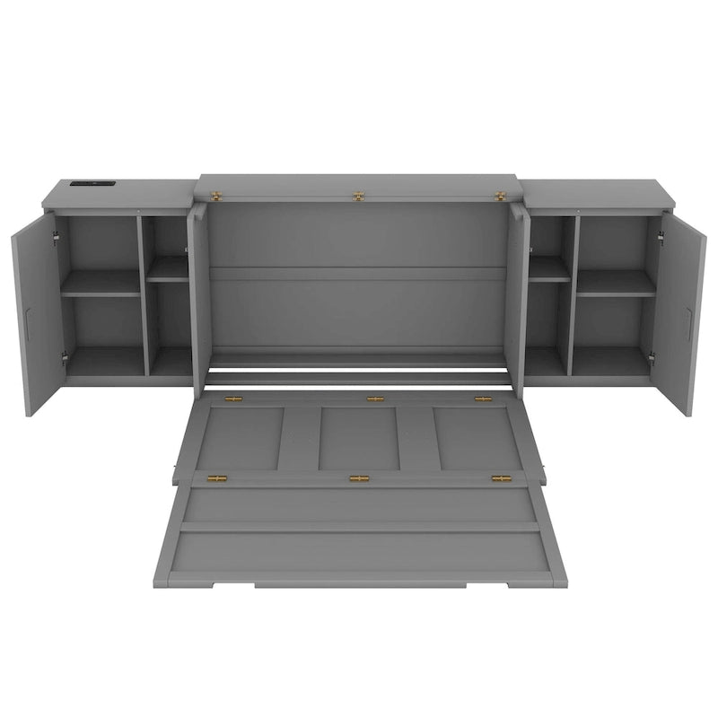 Lit escamotable double gris avec étagères, armoires et ports de recharge USB