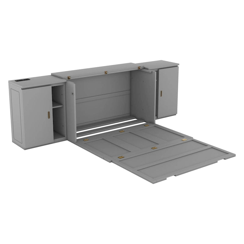 Lit escamotable double gris avec étagères, armoires et ports de recharge USB
