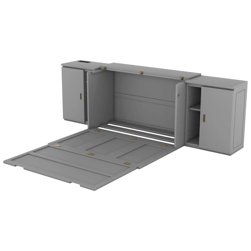 Lit escamotable double gris avec étagères, armoires et ports de recharge USB