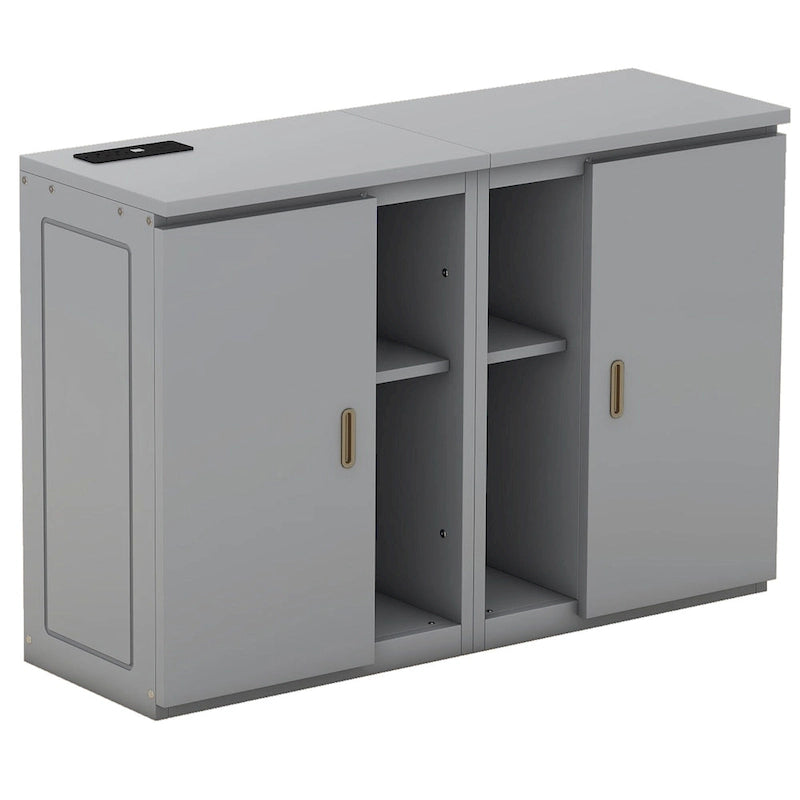 Lit escamotable double gris avec étagères, armoires et ports de recharge USB