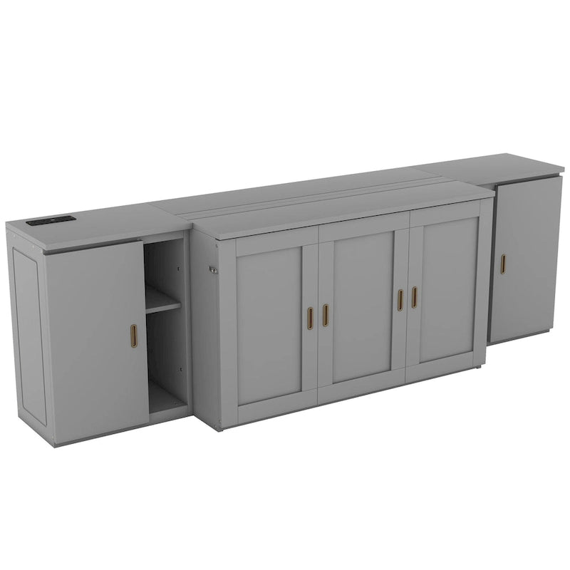 Lit escamotable double gris avec étagères, armoires et ports de recharge USB