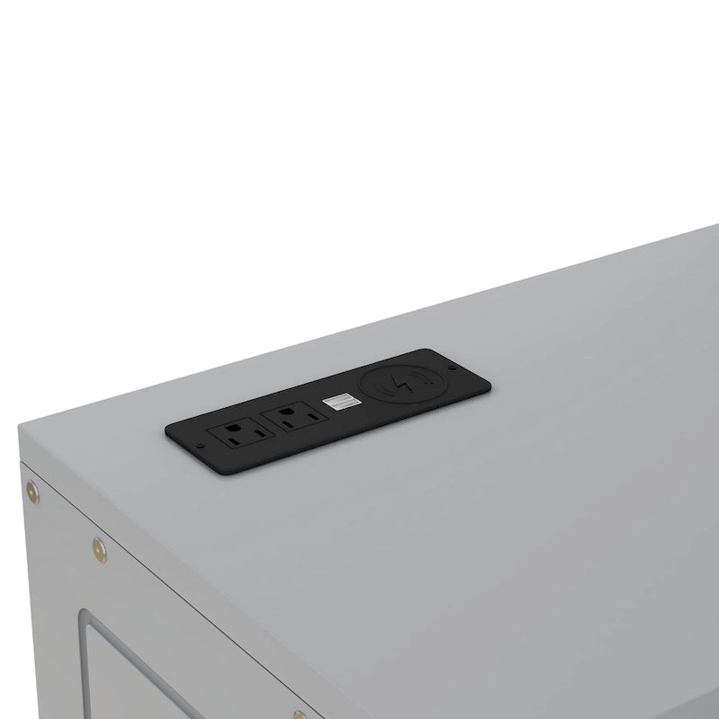 Lit escamotable double gris avec étagères, armoires et ports de recharge USB