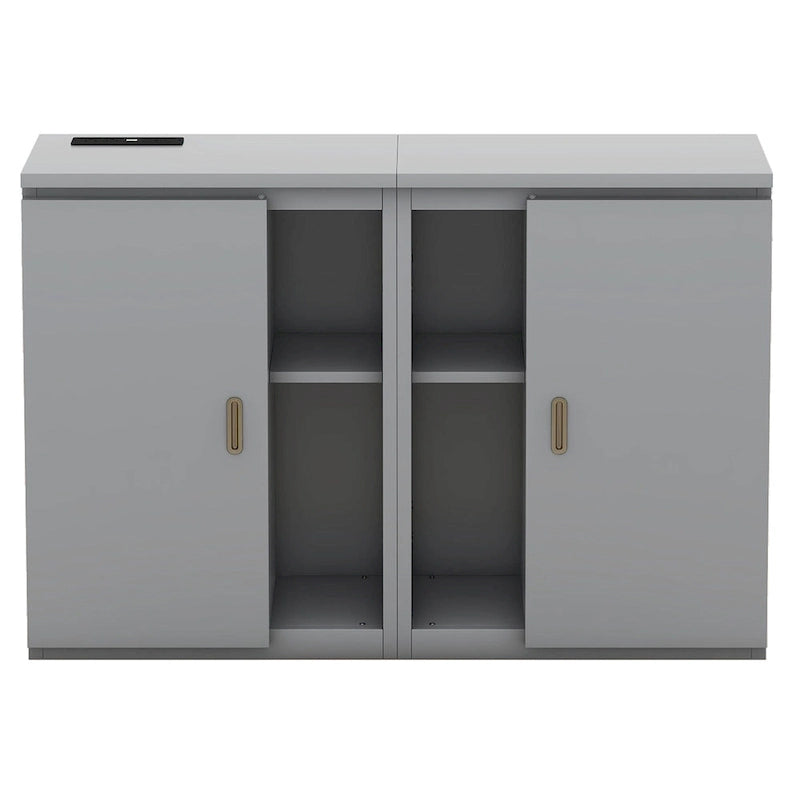 Lit escamotable double gris avec étagères, armoires et ports de recharge USB