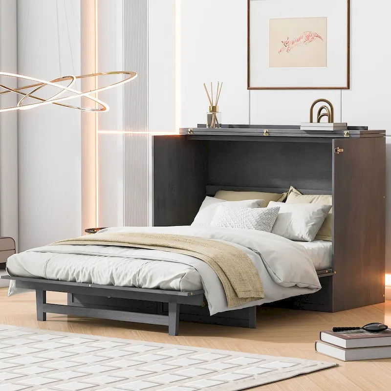 Lit escamotable moderne 2 places avec tiroirs de rangement polyvalents et USB