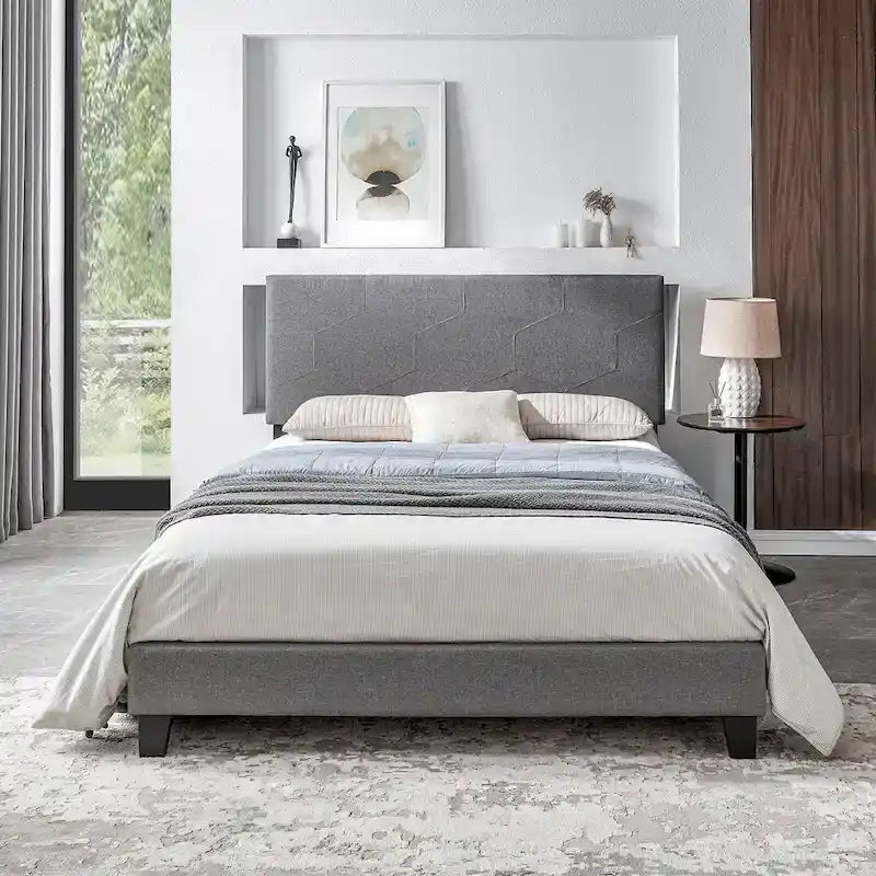 Grey Queen Upholstered Platform Bed with Wood Slat Support