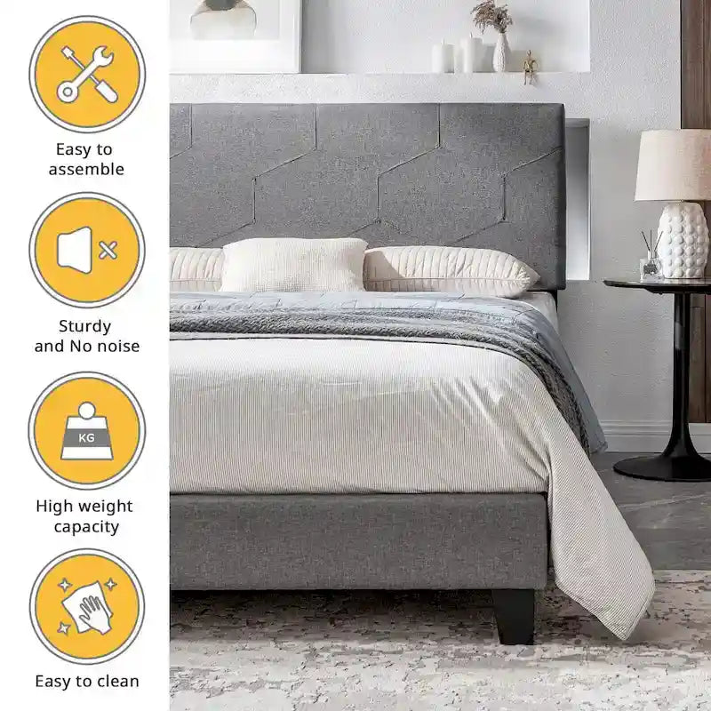Lit plateforme Queen gris rembourré avec support à lattes en bois