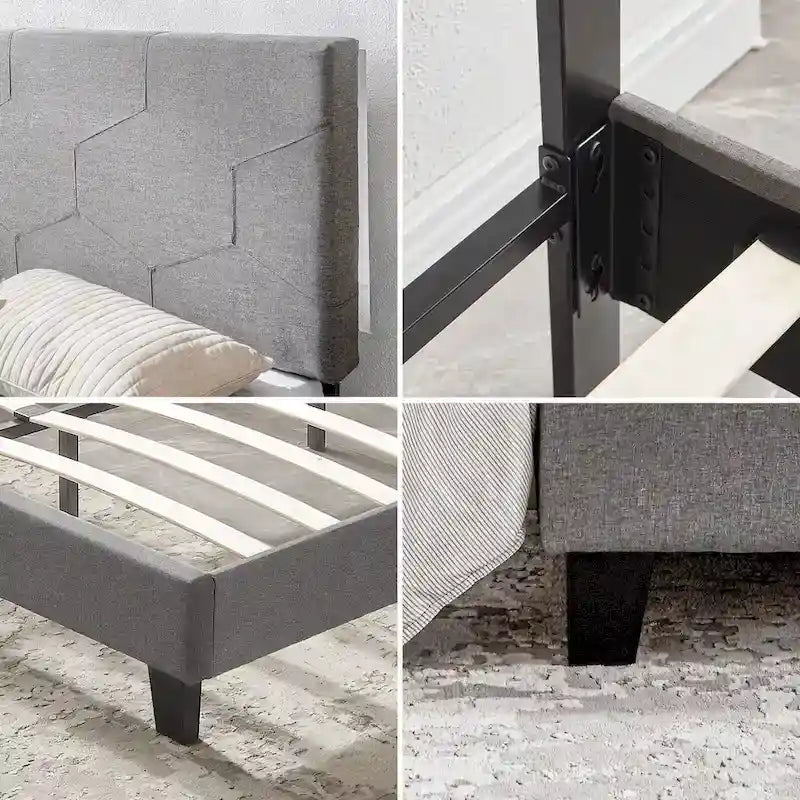 Lit plateforme Queen gris rembourré avec support à lattes en bois