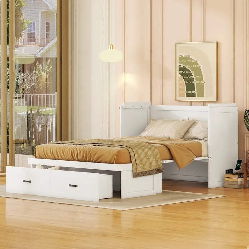 Lit escamotable double en pin avec USB et tiroir