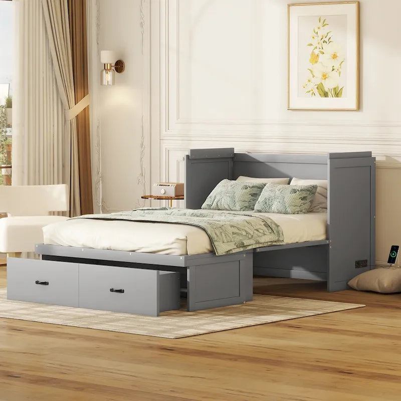 Lit escamotable double en pin avec USB et tiroir