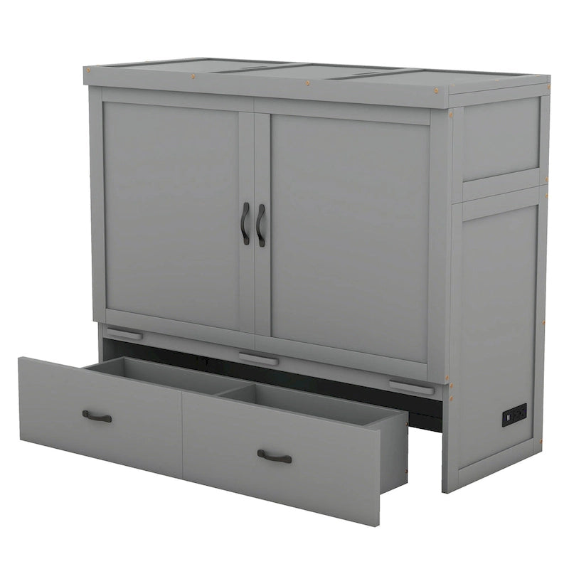 Lit escamotable double en pin avec USB et tiroir