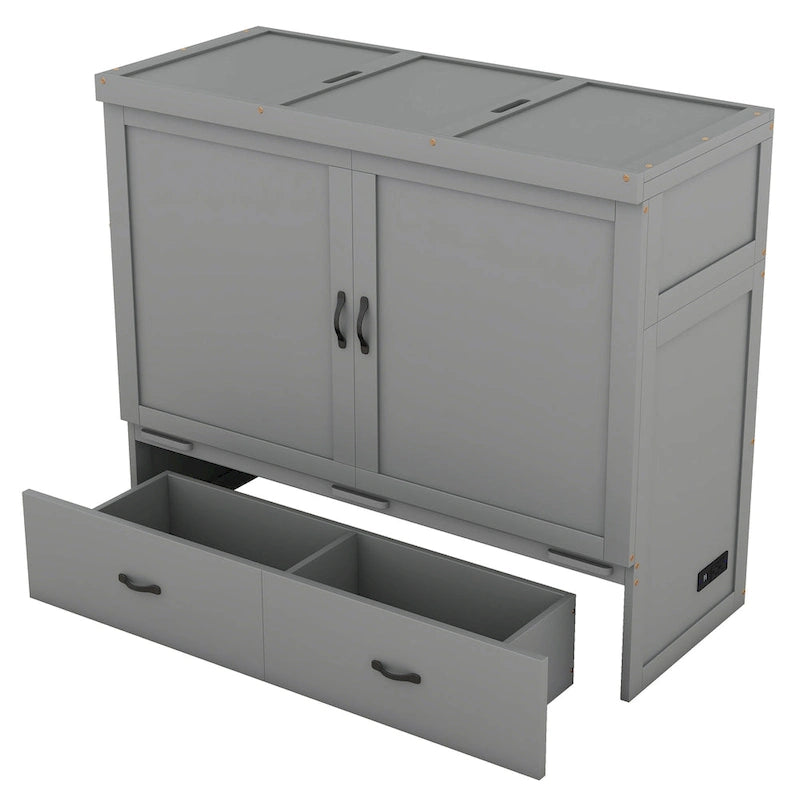Lit escamotable double en pin avec USB et tiroir