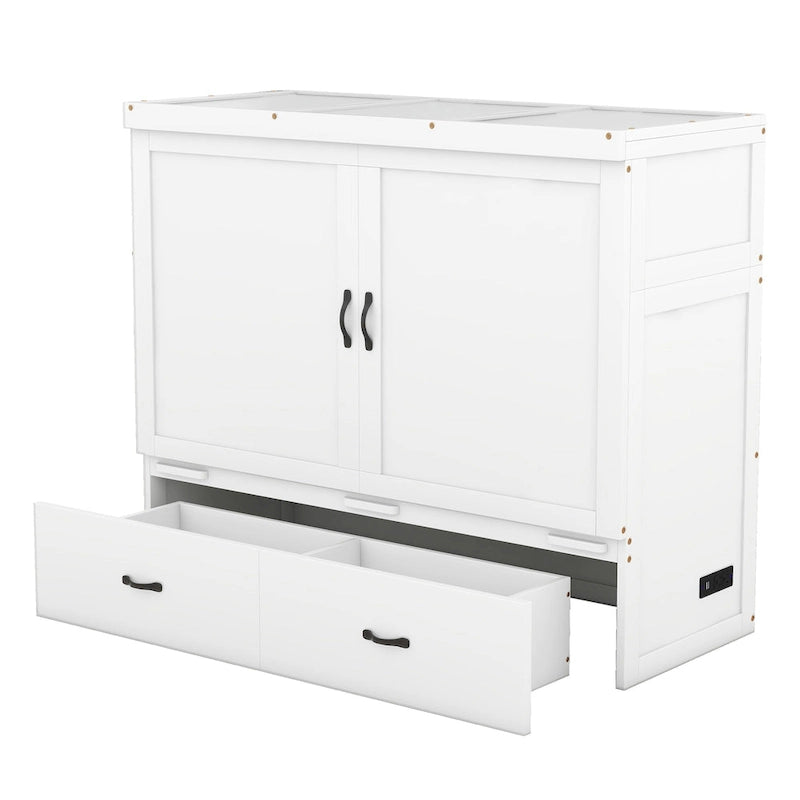 Lit escamotable double en pin avec USB et tiroir
