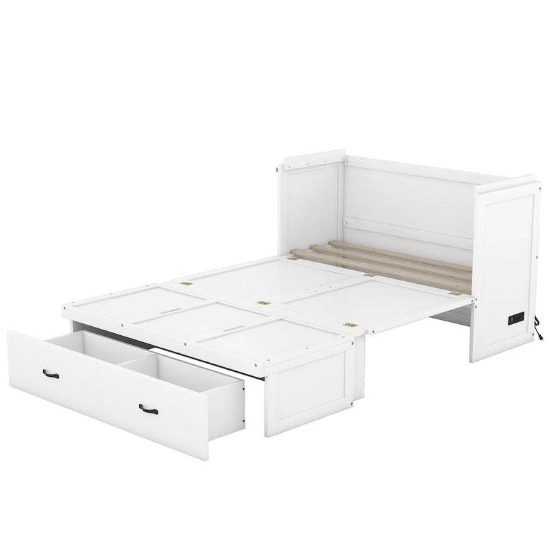 Lit escamotable double en pin avec USB et tiroir
