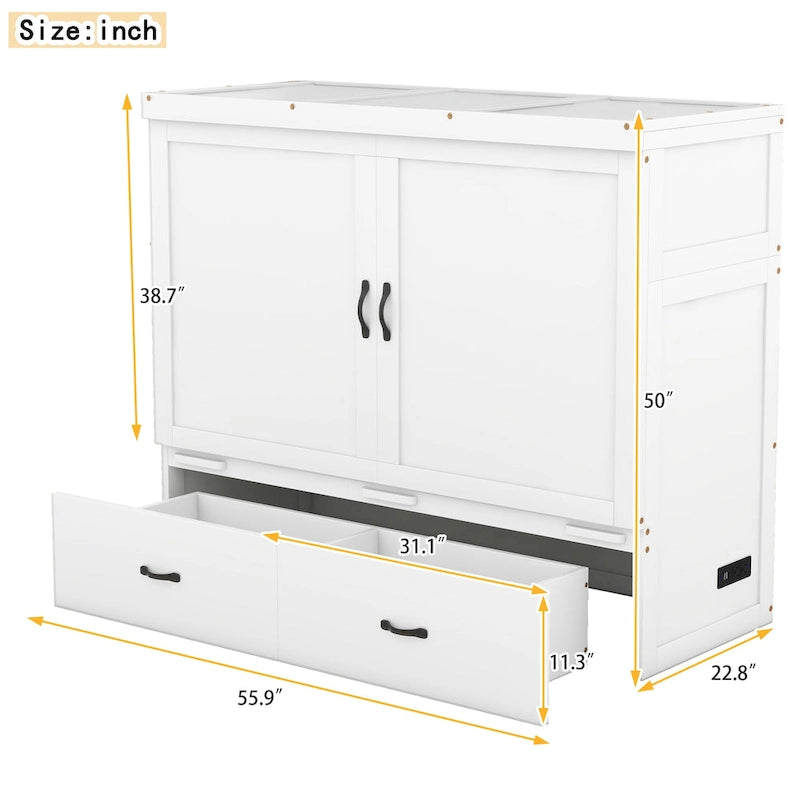 Lit escamotable double en pin avec USB et tiroir