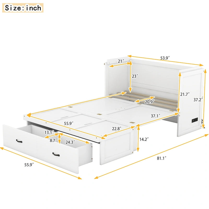 Lit escamotable double en pin avec USB et tiroir