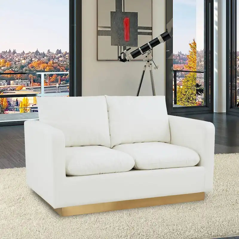 Modern Leather Loveseat With Gold Base & Cushions - 55.9