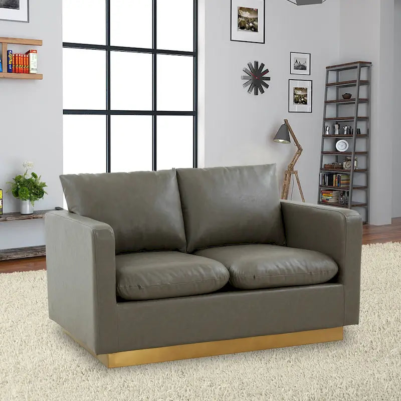 Modern Leather Loveseat With Gold Base & Cushions - 55.9