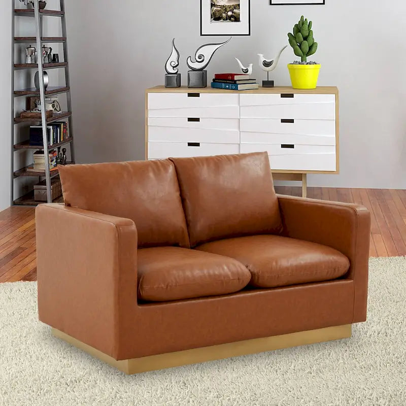 Modern Leather Loveseat With Gold Base & Cushions - 55.9