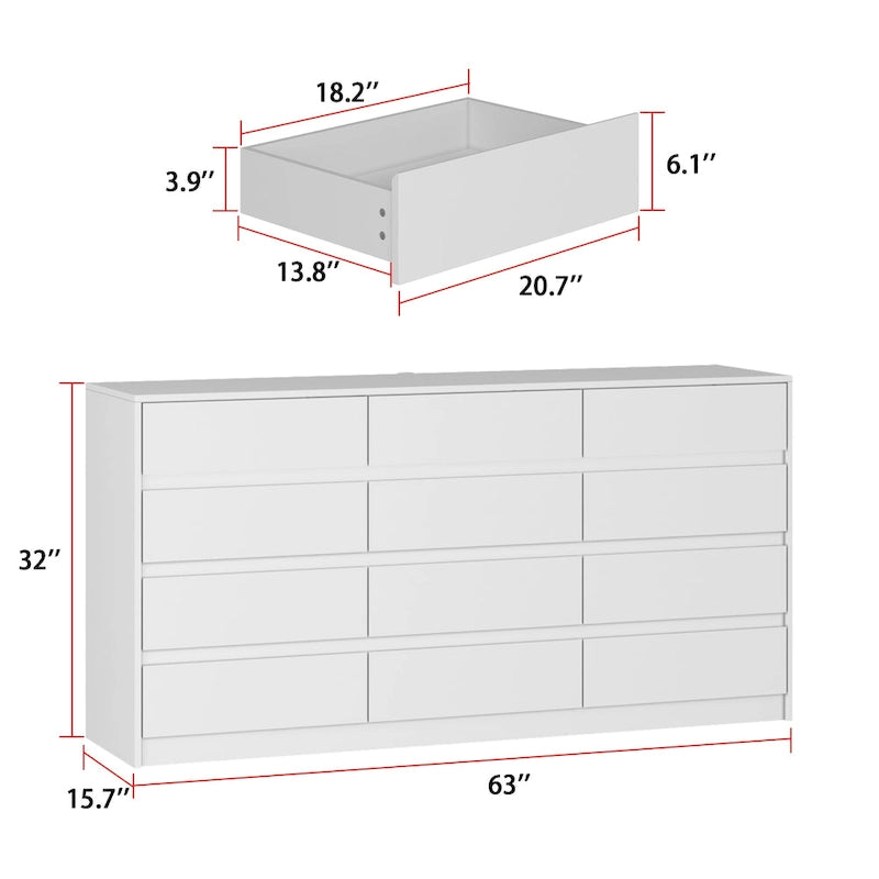 Kommode mit 12 Schubladen für das Schlafzimmer, tiefen Schubladen und großem Holz-Stauraum