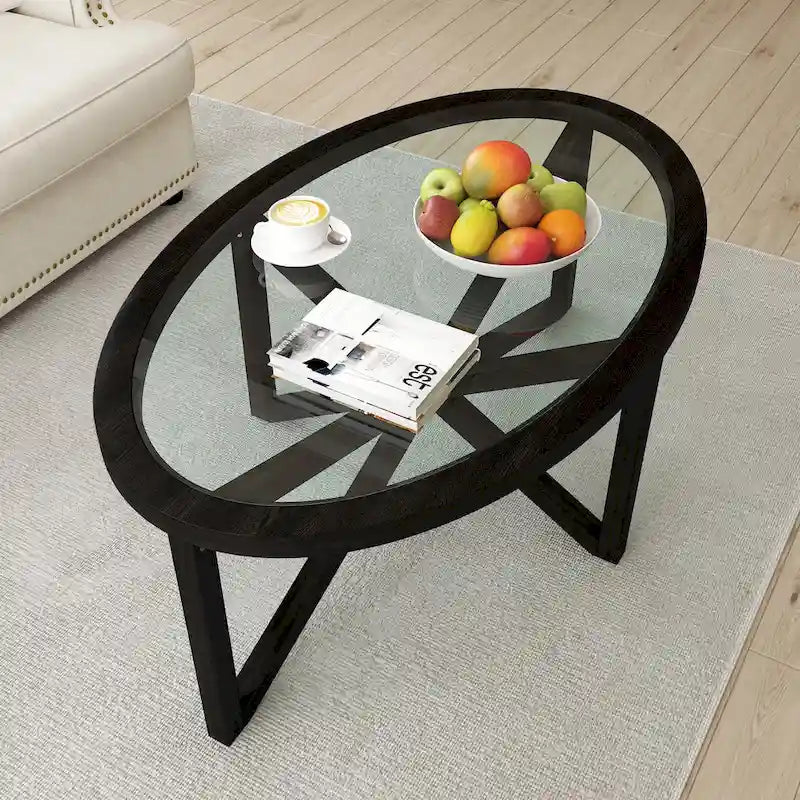 Moderner Couchtisch aus Glas mit Holzgestell