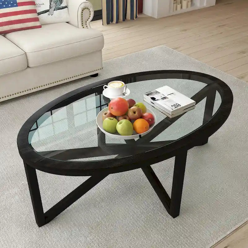 Moderner Couchtisch aus Glas mit Holzgestell