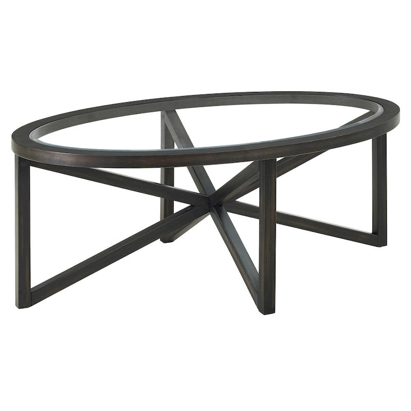 Moderner Couchtisch aus Glas mit Holzgestell