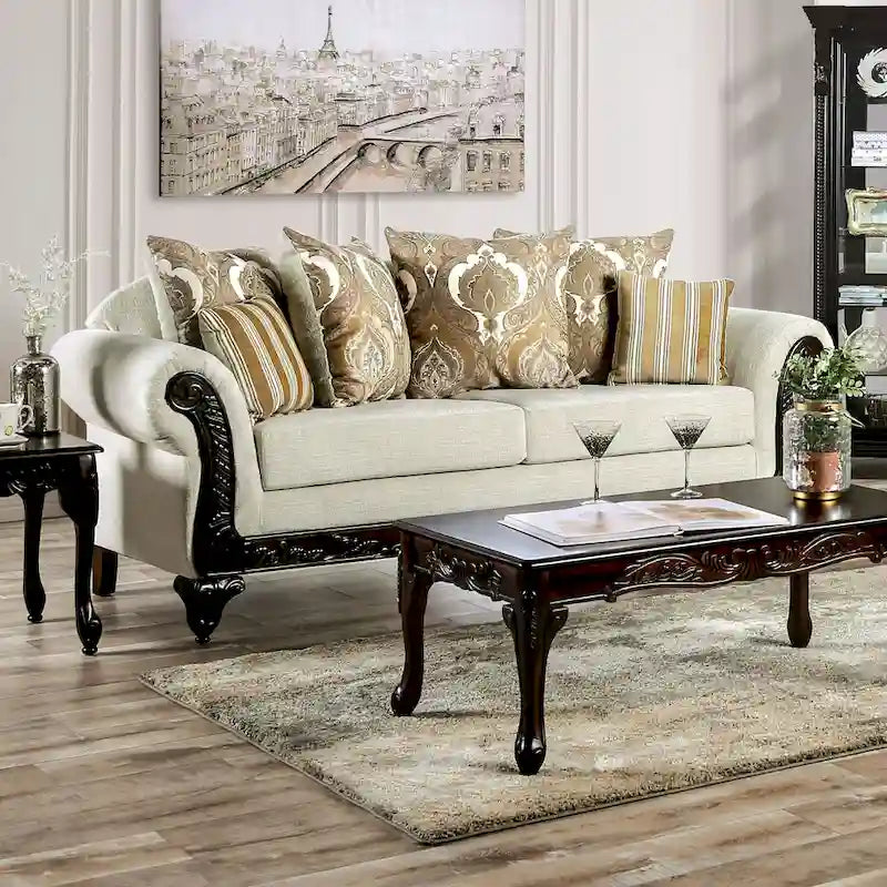 Brondon Traditional Cream Chenille Upholstered Rolled Arms Sofa by Furniture of America