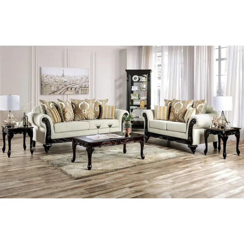Traditional-style chenille-upholstered sofa with rolled arms (cream)