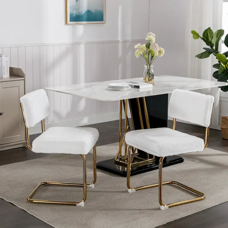 Chaises de salle à manger modernes avec piètement métallique doré, chaises de cuisine d'appoint sans accoudoirs avec capitonnage à canaux, ensemble de 2