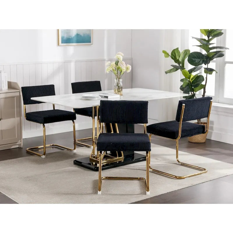 Chaises de salle à manger modernes avec piètement métallique doré, chaises de cuisine d'appoint sans accoudoirs avec capitonnage à canaux, ensemble de 2