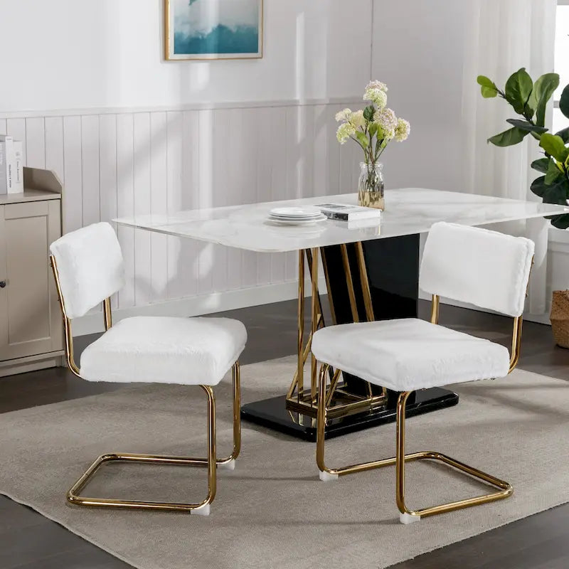 Chaises de salle à manger modernes avec piètement métallique doré, chaises de cuisine d'appoint sans accoudoirs avec capitonnage à canaux, ensemble de 2