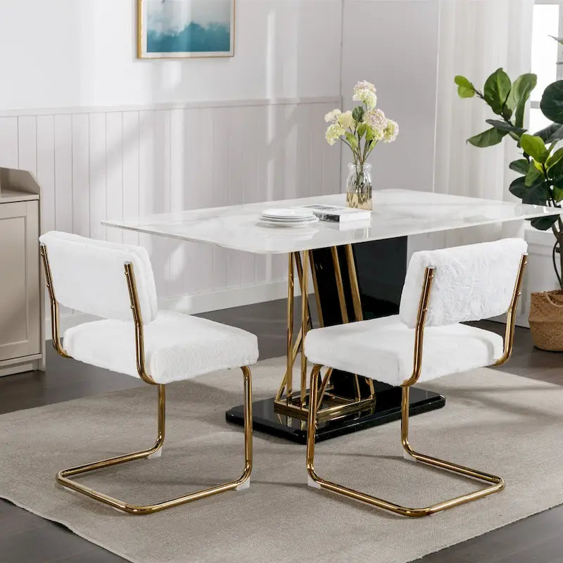 Chaises de salle à manger modernes avec piètement métallique doré, chaises de cuisine d'appoint sans accoudoirs avec capitonnage à canaux, ensemble de 2
