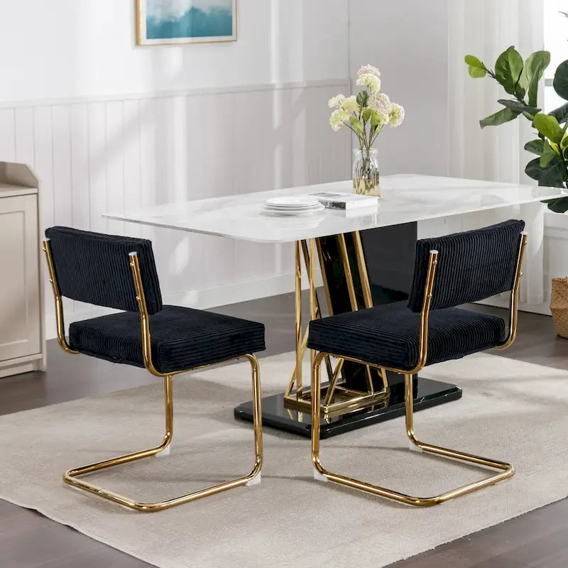 Chaises de salle à manger modernes avec piètement métallique doré, chaises de cuisine d'appoint sans accoudoirs avec capitonnage à canaux, ensemble de 2