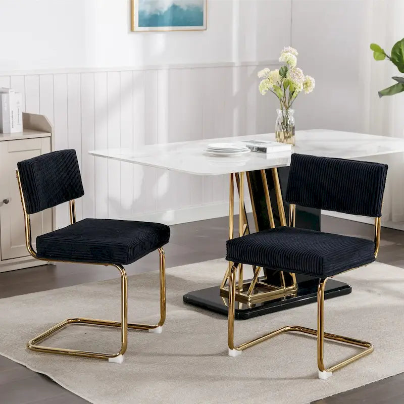 Chaises de salle à manger modernes avec piètement métallique doré, chaises de cuisine d'appoint sans accoudoirs avec capitonnage à canaux, ensemble de 2
