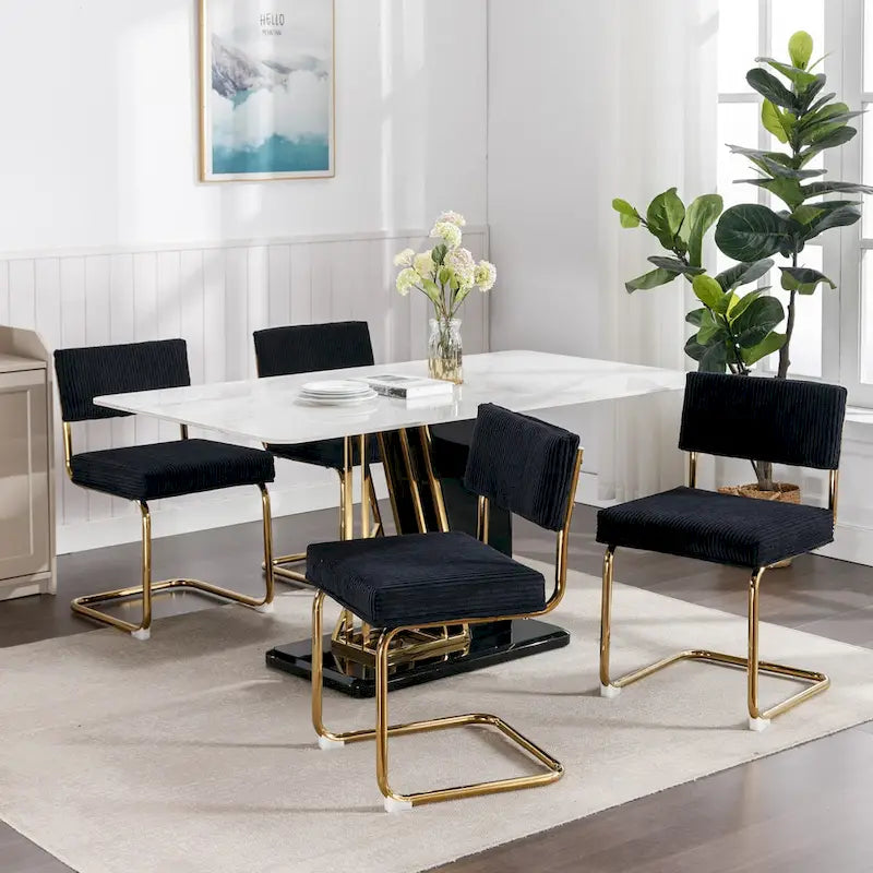 Chaises de salle à manger modernes avec piètement métallique doré, chaises de cuisine d'appoint sans accoudoirs avec capitonnage à canaux, ensemble de 2
