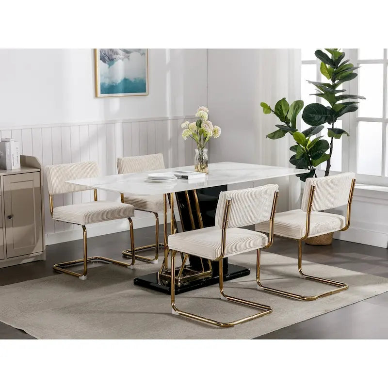 Chaises de salle à manger modernes avec piètement métallique doré, chaises de cuisine d'appoint sans accoudoirs avec capitonnage à canaux, ensemble de 2