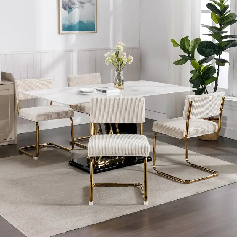 Chaises de salle à manger modernes avec piètement métallique doré, chaises de cuisine d'appoint sans accoudoirs avec capitonnage à canaux, ensemble de 2